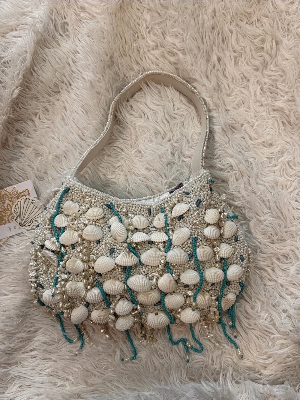 NWT Beaded Shell Accent White Shoulder Bag with Turquoise Detail